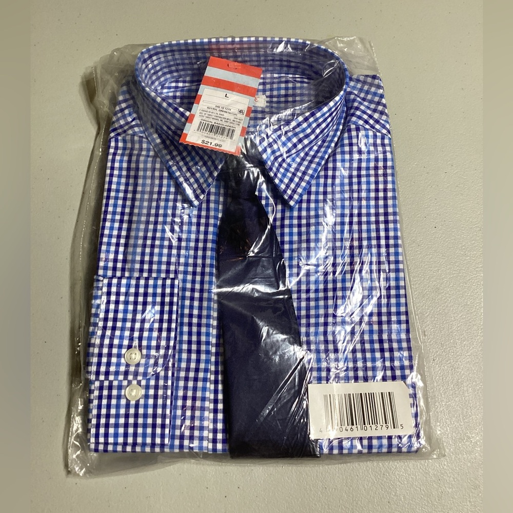 Cat & Jack Boys Blue and White Plaid Dress Shirt and Tie - Size Large (12-14)